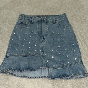 Jeweled asymmetrical denim skirt